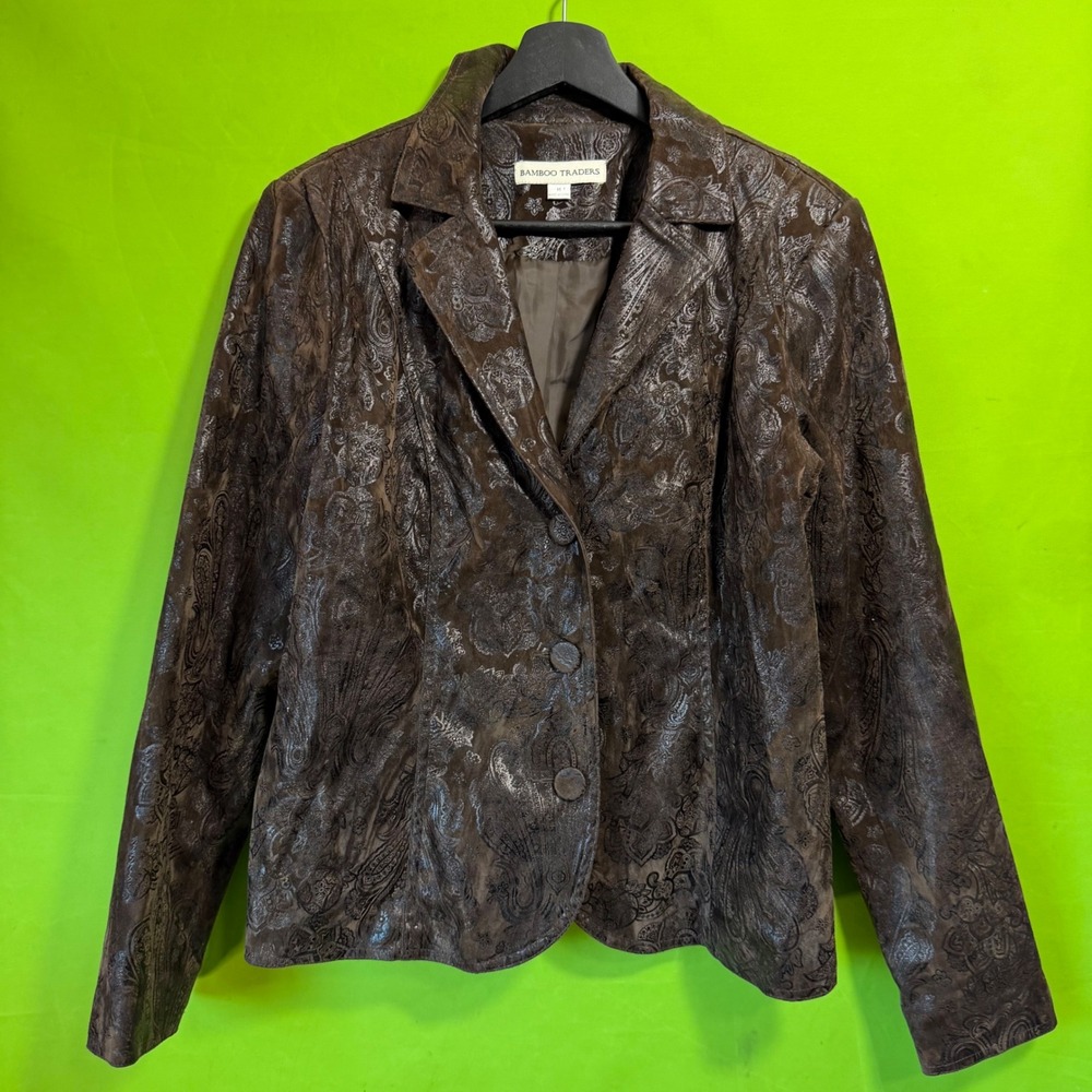 Bamboo Traders Brown Paisley Blazer Jacket Women Medium Faux Suede Look 90s y2k
